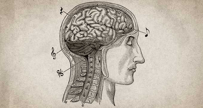 Illustration av en hjärna och musiksymboler. Bild: The Granger Collection/Scanpix. Montage: Statens musikverk
